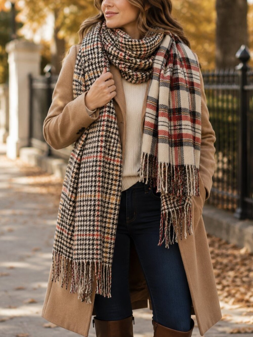 Oversized Reversible Blanket Scarf Plaid Houndstooth Fringe Wrap Shawl